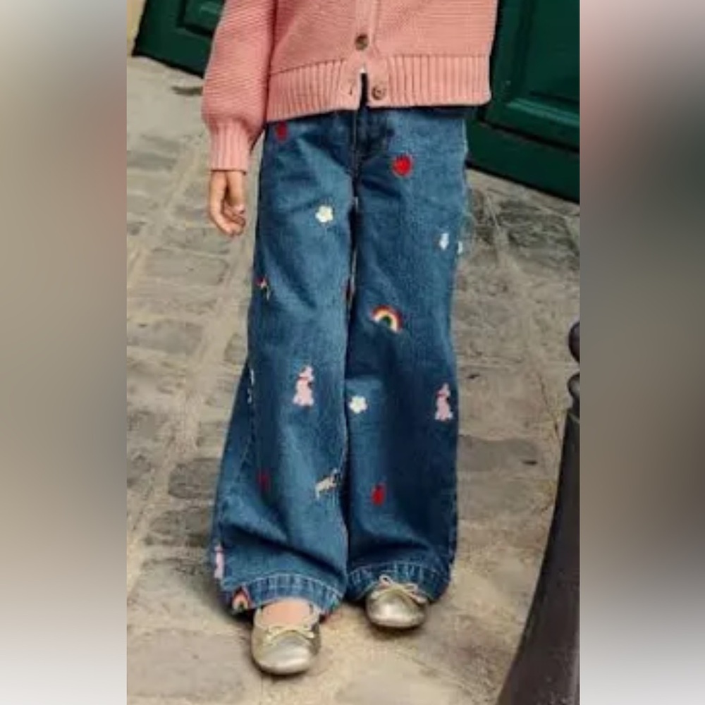 Mini Boden kids wide leg Parisien denim embroidery size 5-6